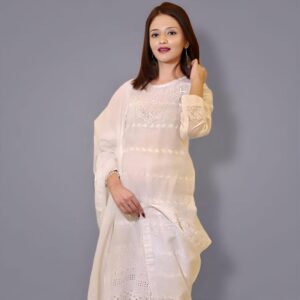 3 pcs White Chiken kari suit with straight pants